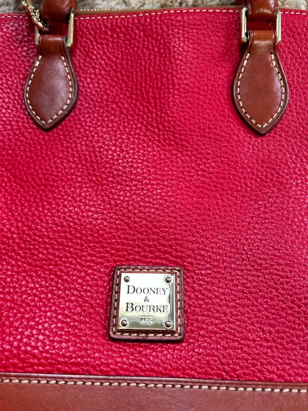 Dooney & Bourke Red and Brown Pebbled Leather Satchel with Shoulder Strap
